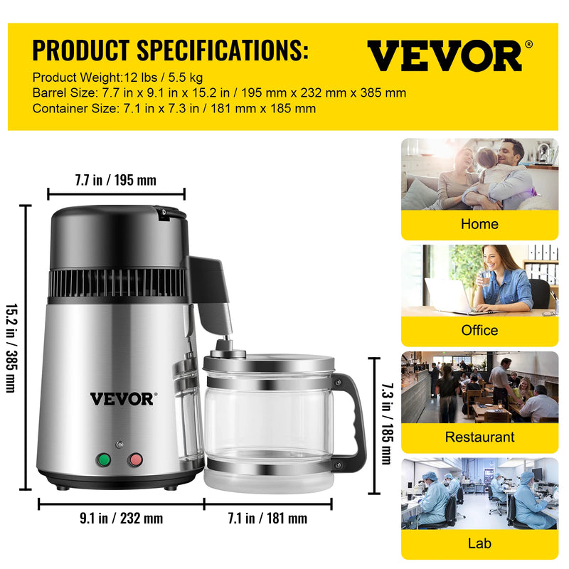 Дистиллятор VEVOR 4л, очиститель воды, фильтр для бутылки питьевой воды, электрический чайник, кулер из нержавеющей стали, офисная бытовая техника