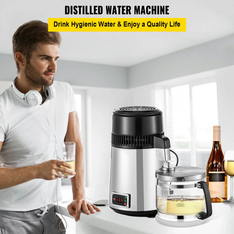 Vevor máquina de água destilada 4l destilador de água com temperatura controlada destilador de água seguro saúde aço inoxidável 110v/220v