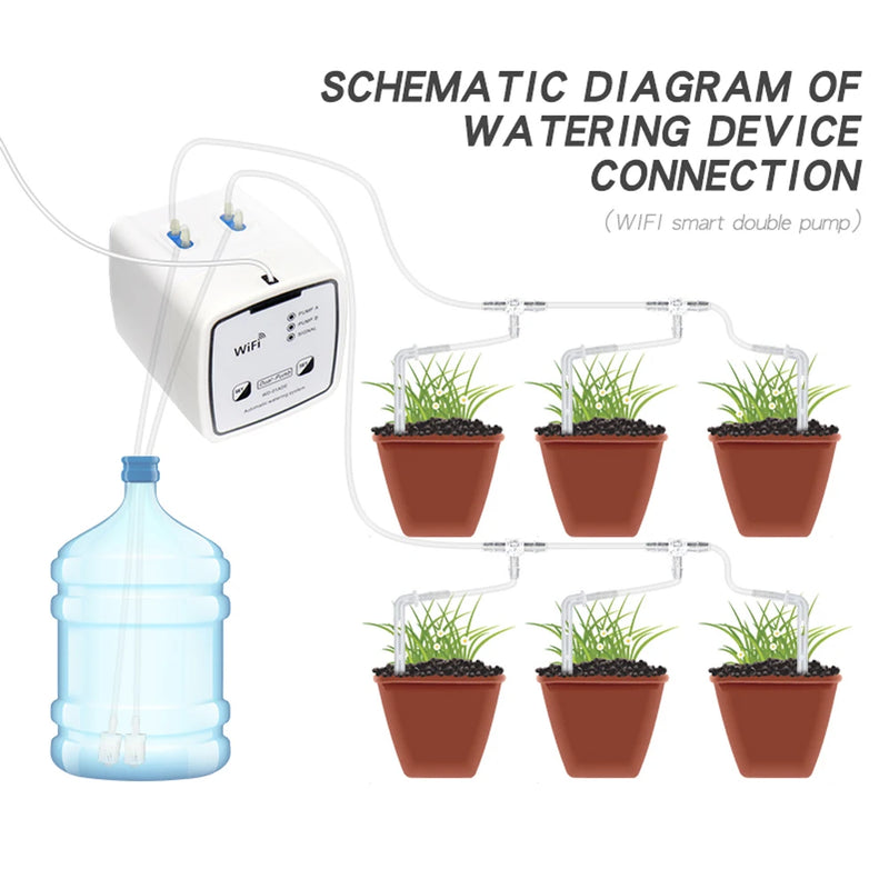 Dispositivo de rega inteligente wi-fi, bomba dupla cronometrada, sistema automático de irrigação por gotejamento, controle remoto por aplicativo para jardim, planta e flor