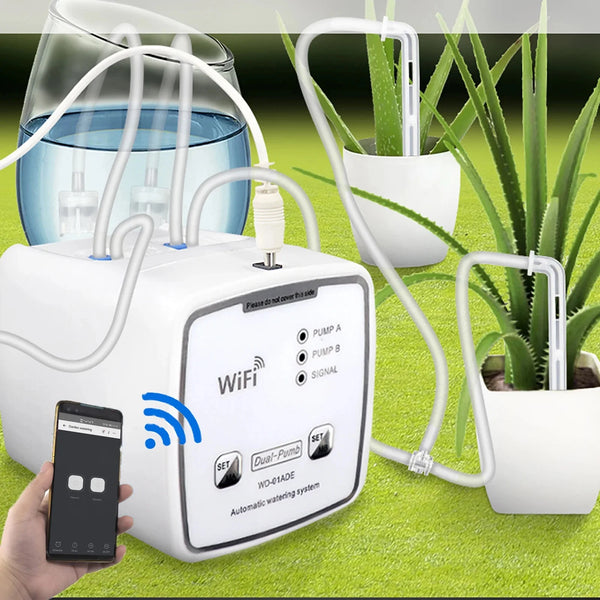 WIFI Intelligent Bevattningsenhet Dubbelpump Tidsinställd automatiskt droppbevattningssystem Fjärrkontroll APPController för trädgårdsväxtblomma