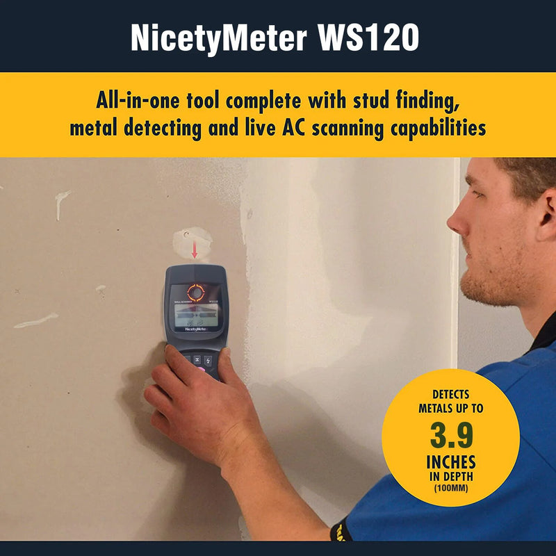 WS120 멀티 스캐너 스터드 파인더 AC 목재 케이블 와이어 깊이 추적기 배관 지하 벽 스캐너 LCD 경고음