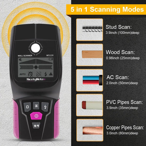 WS120 Multi-Scanner Finder Stud Finder Drewniany kabel AC Przewody Śledzenie głębokości Hydraulika Podziemny skaner ścienny Sygnał dźwiękowy LCD