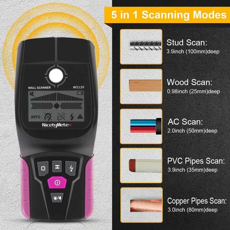 WS120 Multi-Scanner Stud Finder AC Cavo di legno Fili Profondità Tracker Impianto idraulico Scanner per pareti sotterranee Segnale acustico LCD
