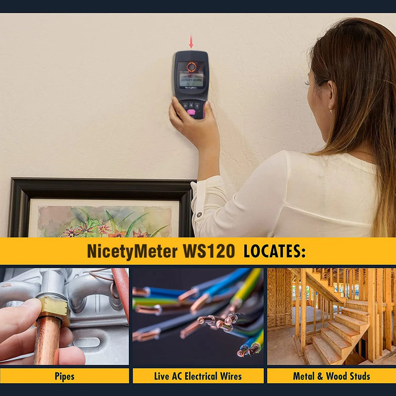 WS120 멀티 스캐너 스터드 파인더 AC 목재 케이블 와이어 깊이 추적기 배관 지하 벽 스캐너 LCD 경고음