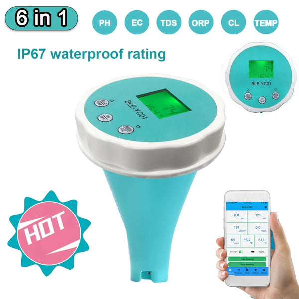 Water Quality Detector 6 In 1 PH EC Dissolved Solids ORP Temperature Chlorine Water Quality Tester BT Mobilephone APP Remote