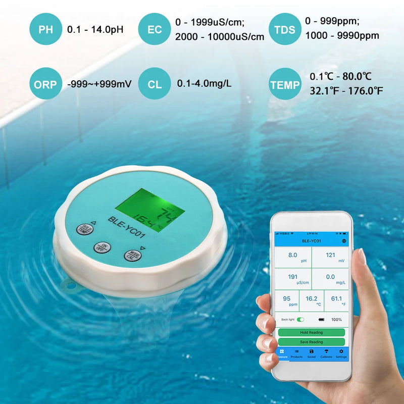 Water Quality Detector 6 In 1 PH EC Dissolved Solids ORP Temperature Chlorine Water Quality Tester BT Mobilephone APP Remote