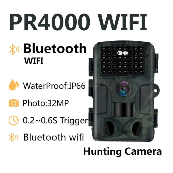 Câmera de caça wi-fi bluetooth pr4000 1080p 32mp visão noturna infravermelha ip66 à prova d' água 2.0 polegadas lcd vida selvagem escotismo trilha foto