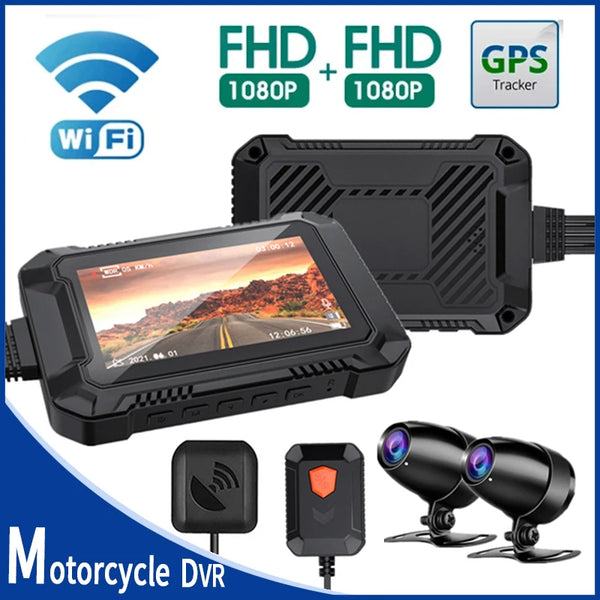 WiFi motocicleta DVR cámara de salpicadero 1080P + 1080P Full HD vista frontal trasera impermeable cámara de motocicleta GPS registrador caja