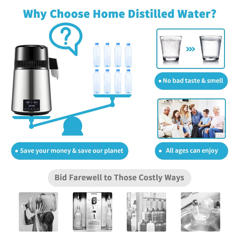 4L Water Distiller Purifier Filter 1.5L/H 1L/H For Drinking Dual Temp Display Stainless Steel Cooler Office Home Use