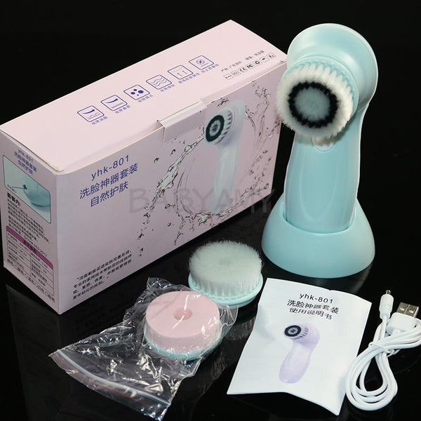3 cabeças / conjunto de limpador facial elétrico multifuncional USB recarregável máquina escova de limpeza facial ferramentas de cuidados da pele facial azul